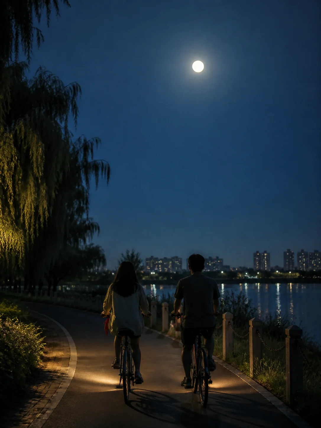 两个人在月光下沿河并肩骑车
