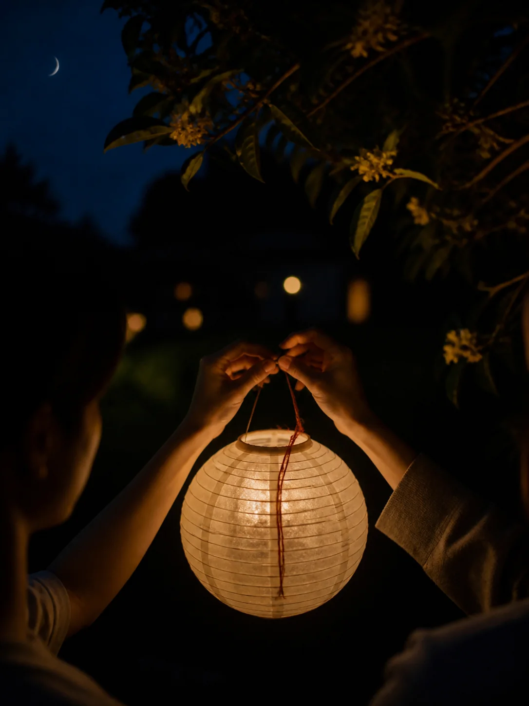 两个人在桂花树下共同点亮一盏纸灯
