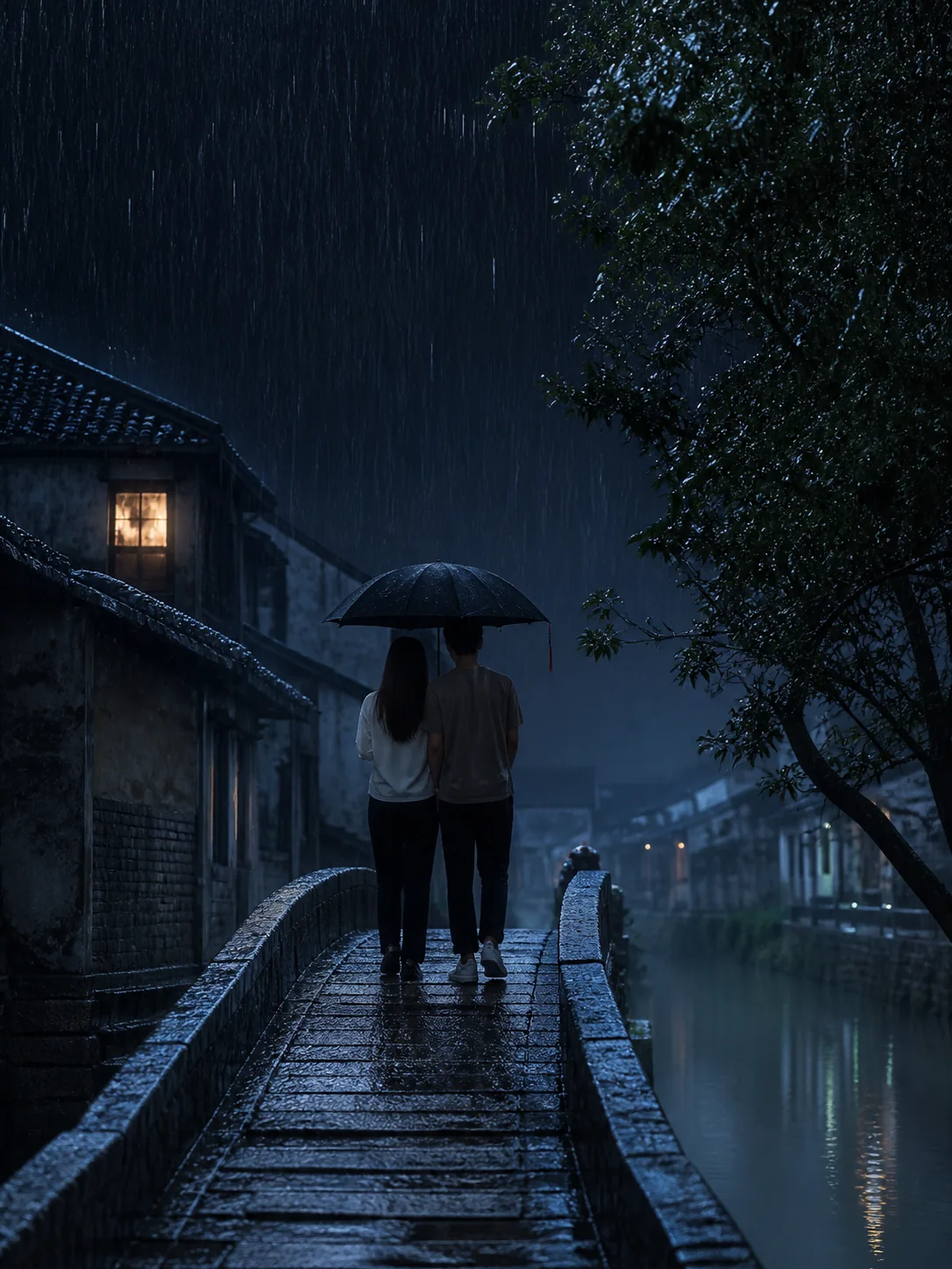 两个人在雨夜共撑一把伞走过石桥